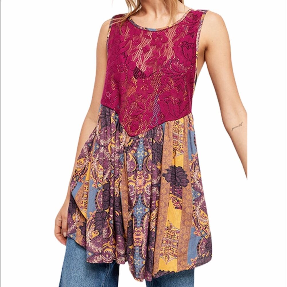Free people boho mini dress count me in trapeze burgundy lace crochet NEW - Picture 3 of 9